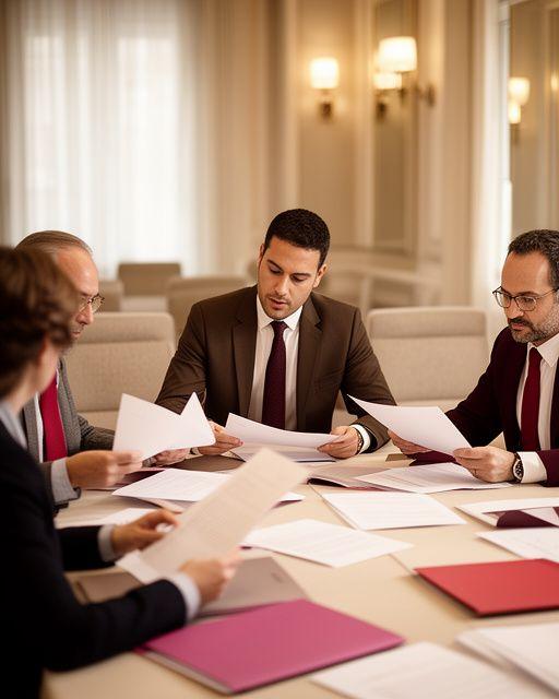 Equipo jurídico revisando documentos en una sala de reuniones elegante de Madrid