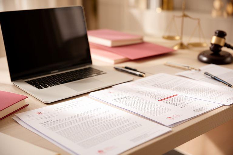 Mesa de trabajo legal en Madrid con documentos ordenados, portátil abierto y luz natural suave