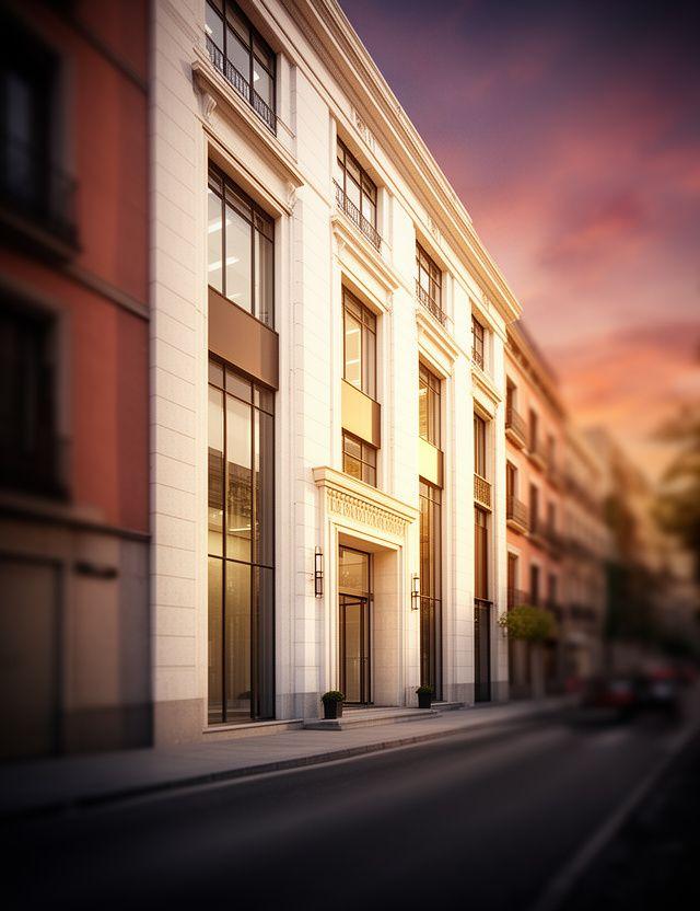 Fachada elegante de una oficina legal en Madrid con luz cálida al atardecer y un encuadre corporativo sobrio